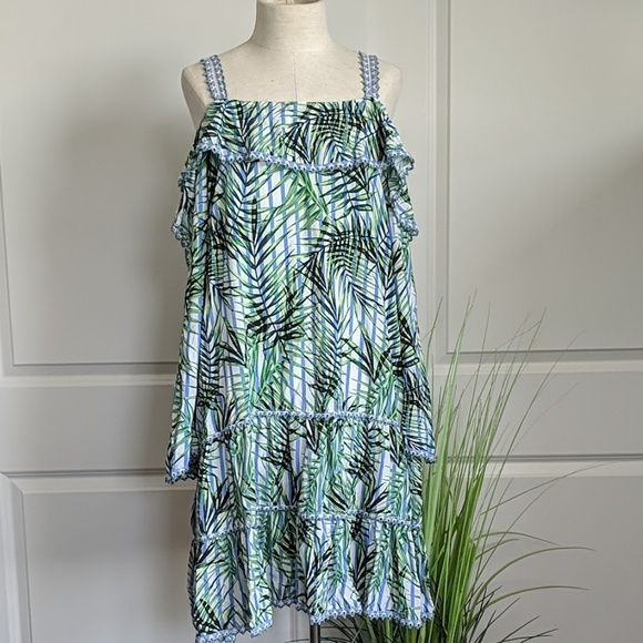 Red Carter Cover Up Dress Palm Party Print Crocheted Tiered Green Blue L NWT - Picture 3 of 8
